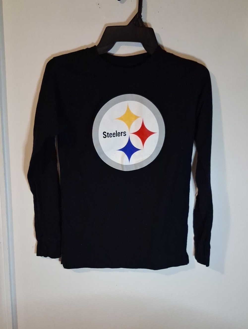 NFL Black Long Sleeve Tee with Steelers Logo and Red/Yellow/Blue Accents